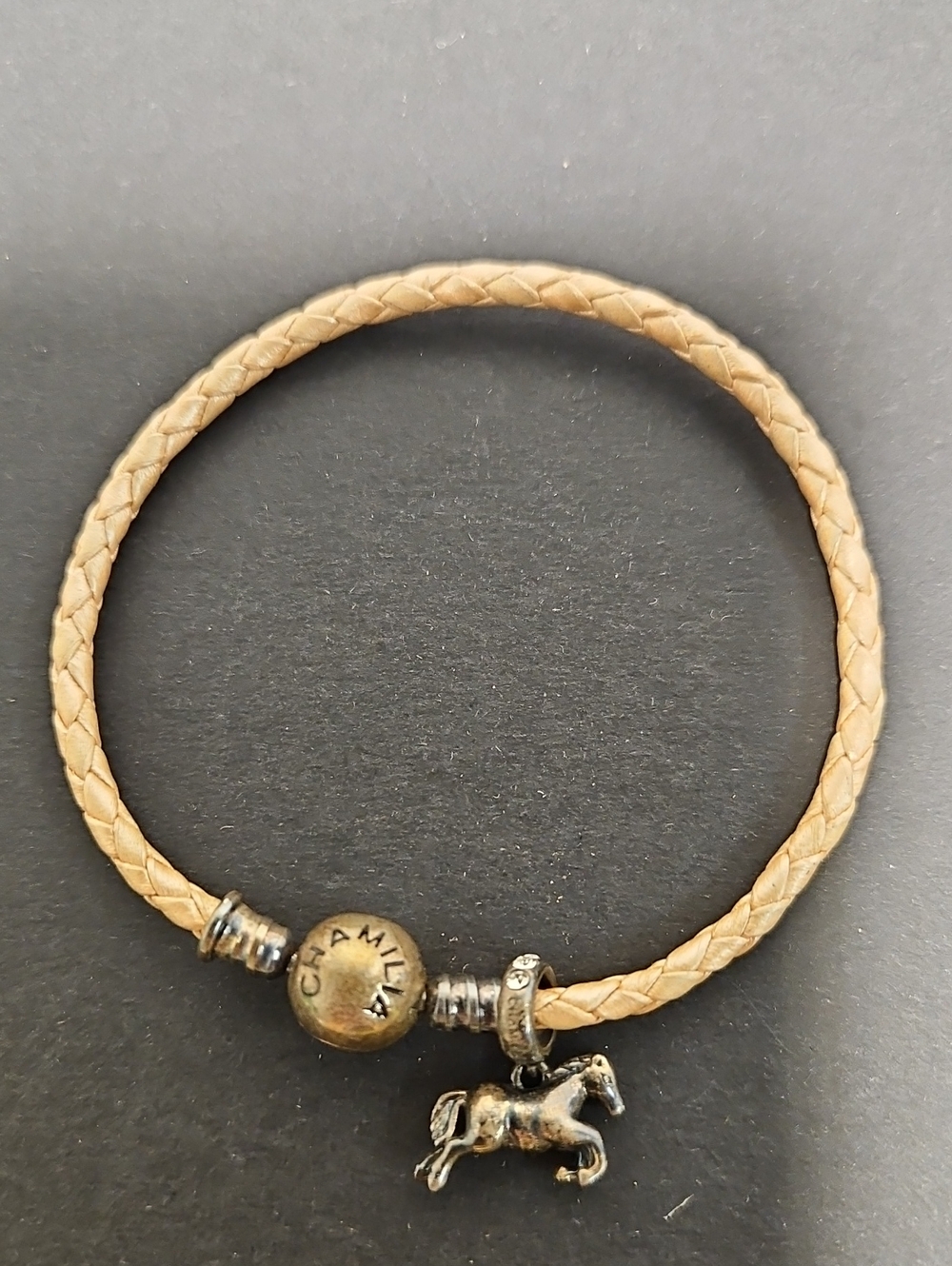 CHAMILIA Beige Braided Leather Bracelet with Horse Charm
